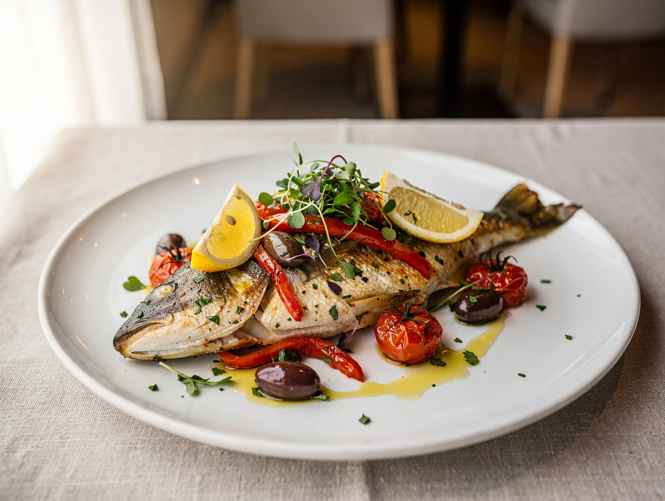 Grilled Mediterranean sea bass with charred lemon and herbs