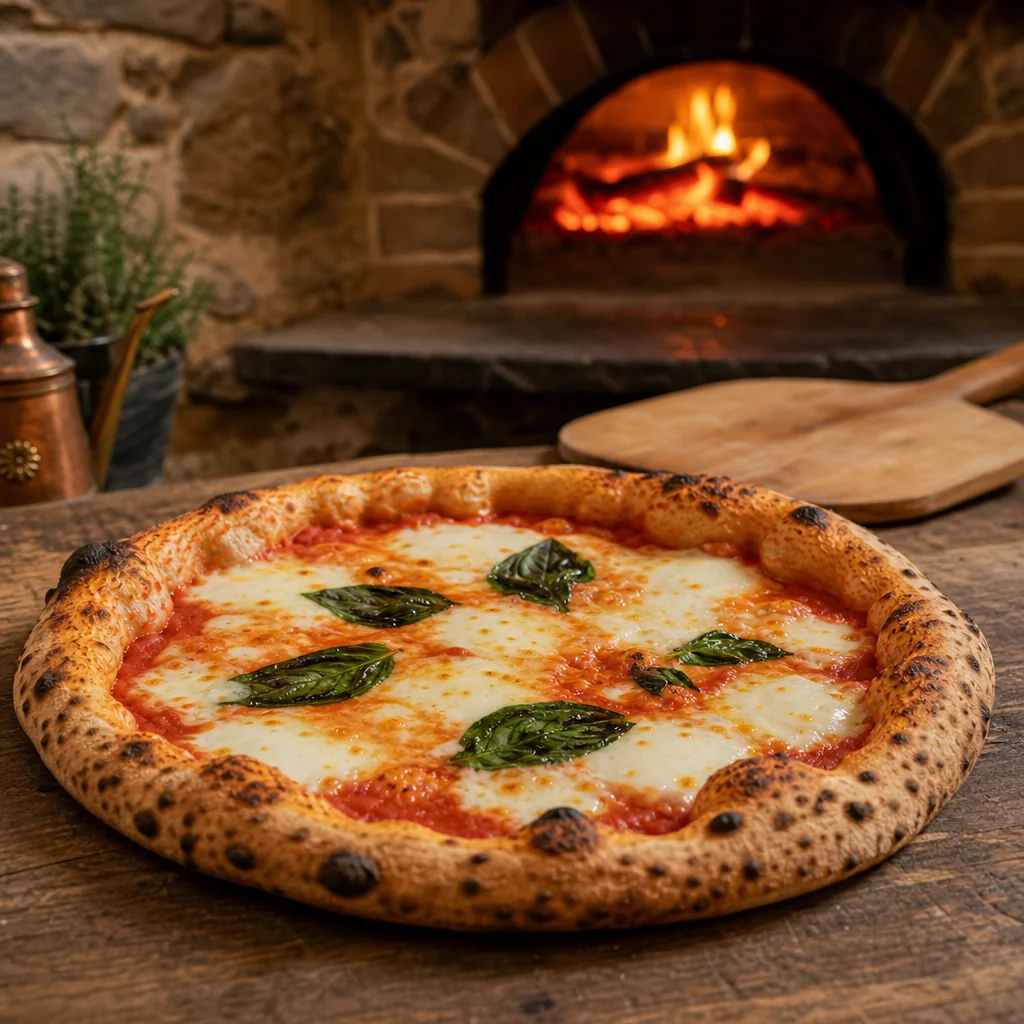 Authentic wood-fired pizza with fresh basil and olive oil