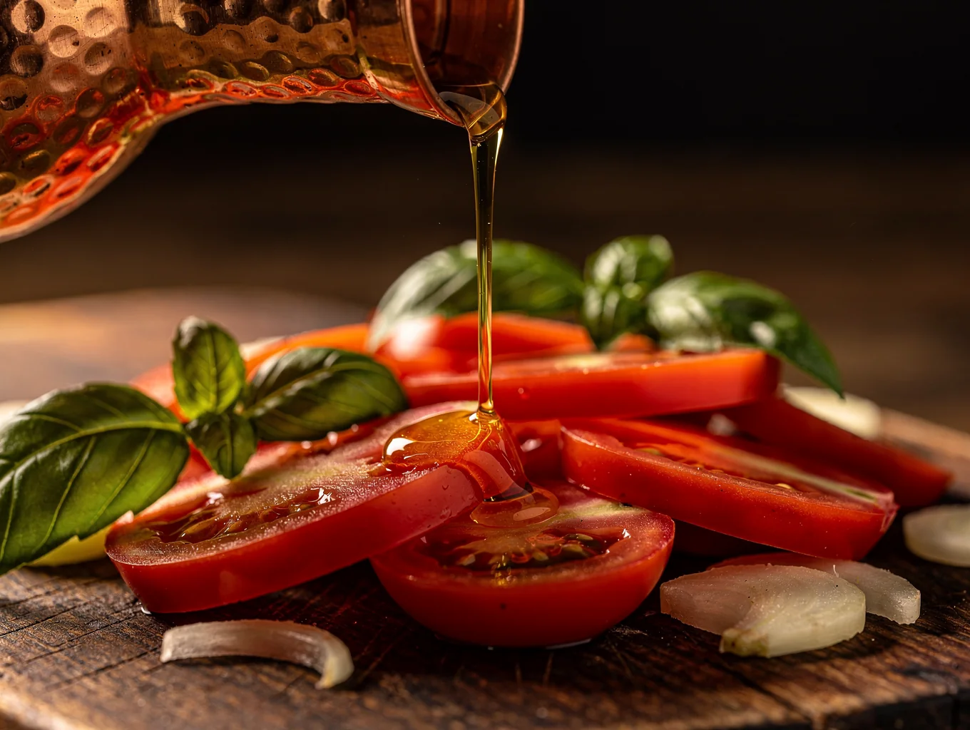 Golden cold-pressed olive oil being drizzled over fresh herbs