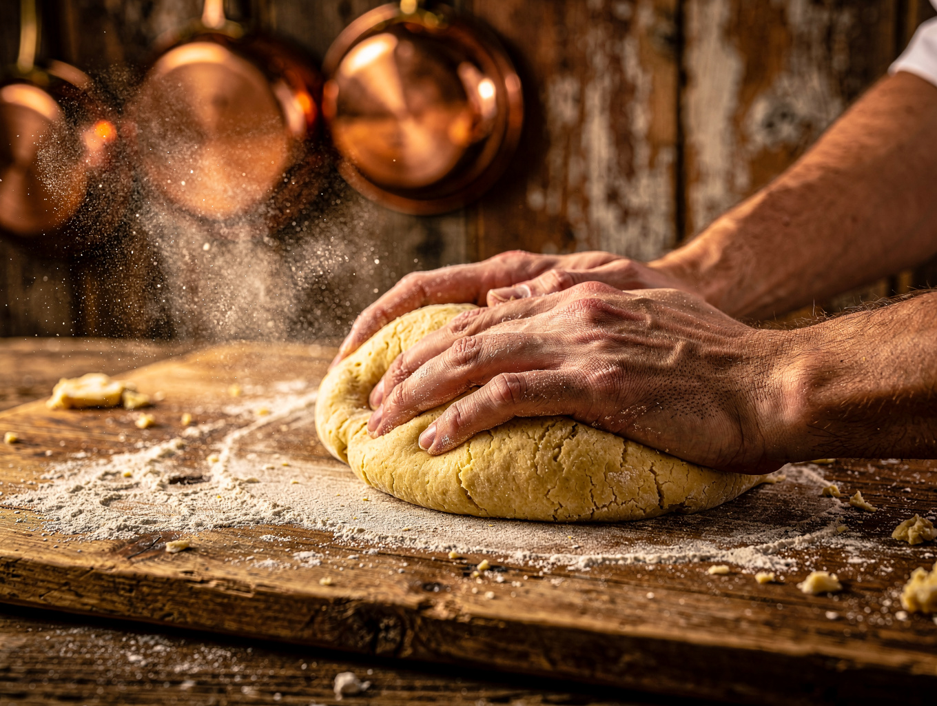 Chef preparing fresh handmade pasta on a wooden surface