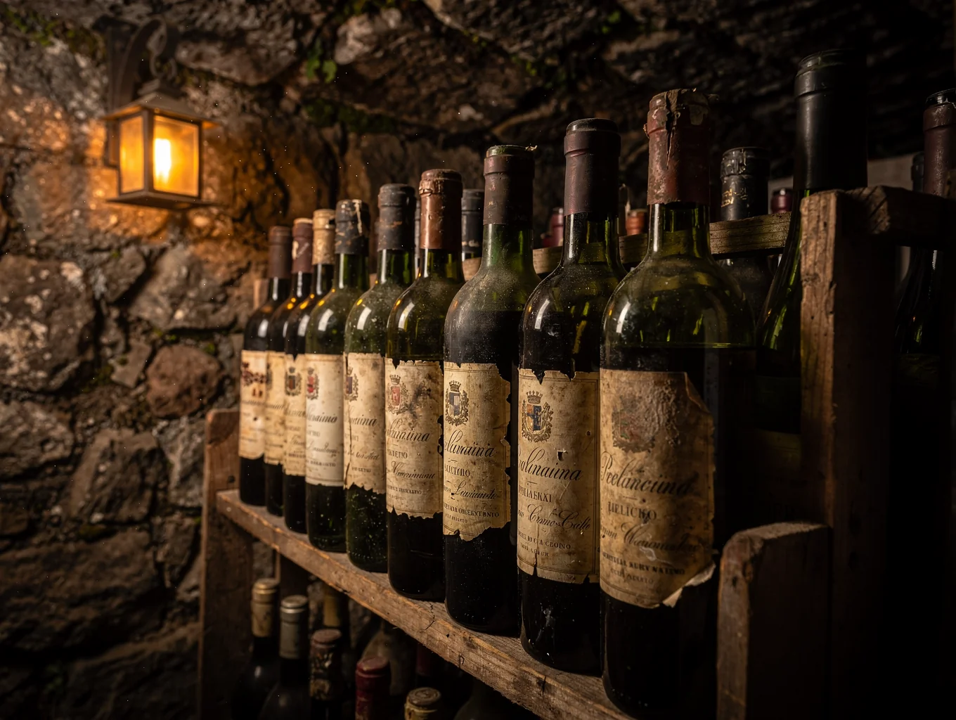 Selection of Italian wines in a rustic cellar
