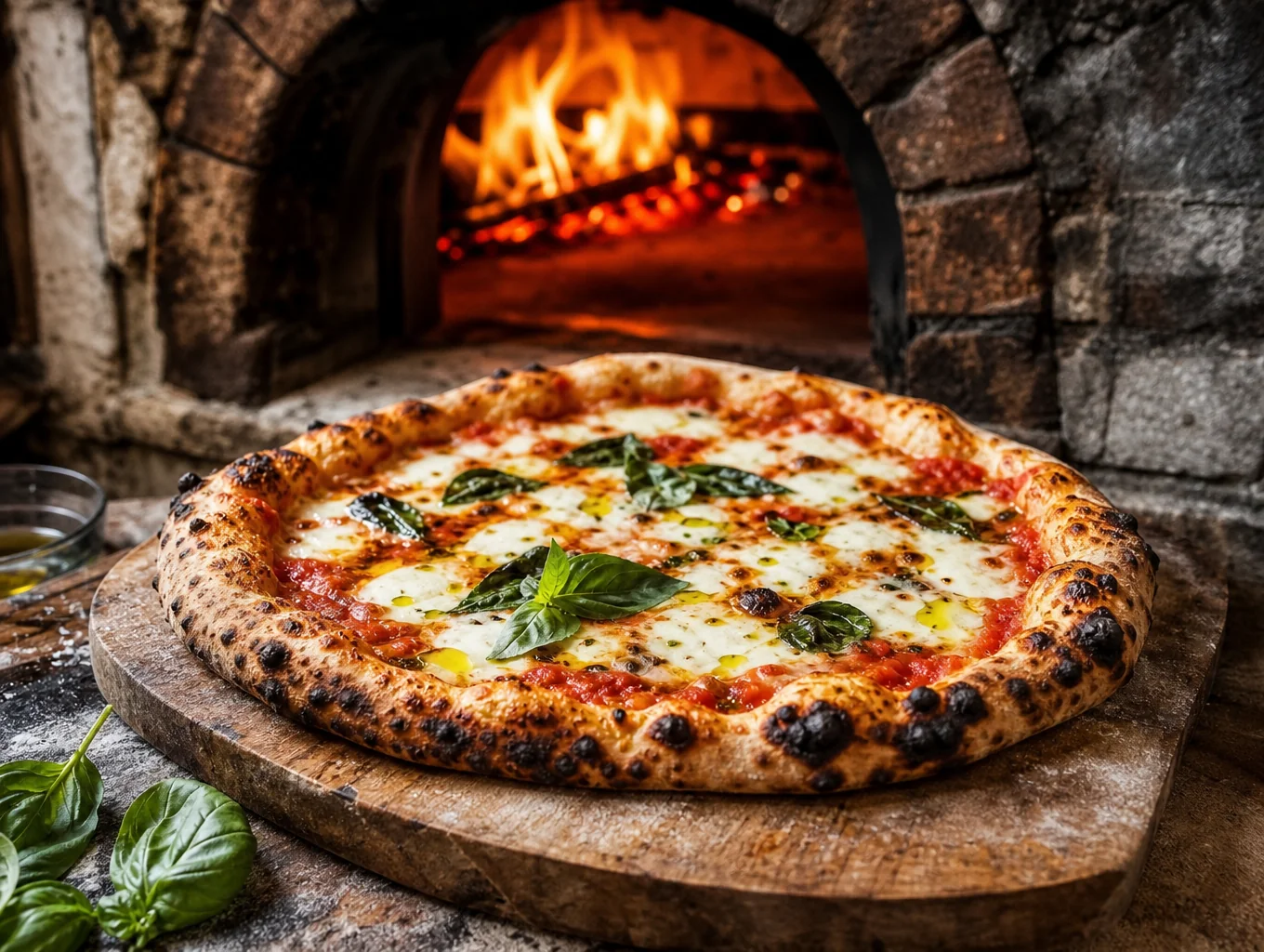 Wood-fired pizza baking in a traditional stone oven