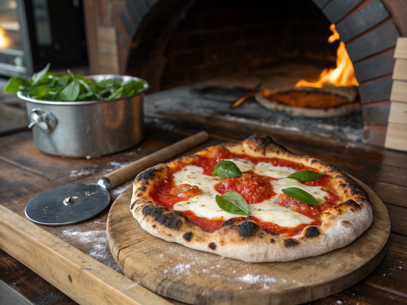 Traditional Margherita pizza baked in a wood-fired oven